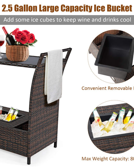 Giantex Rolling Wicker Cart Rattan Bar Cart Outdoor Serving Cart Wicker Trolley Portable Kitchen Trolley Cart W/Shelves and Big Drawer