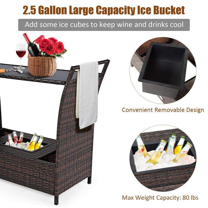 Giantex Rolling Wicker Cart Rattan Bar Cart Outdoor Serving Cart Wicker Trolley Portable Kitchen Trolley Cart W/Shelves and Big Drawer