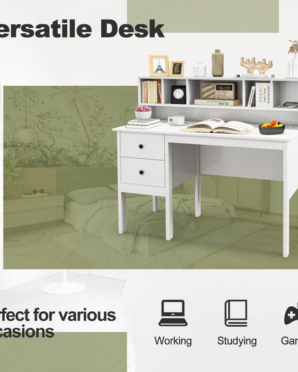 Giantex White Desk with Drawers and Power Outlet, 48" Home Office Computer Desk with 5-Cubby Hutch