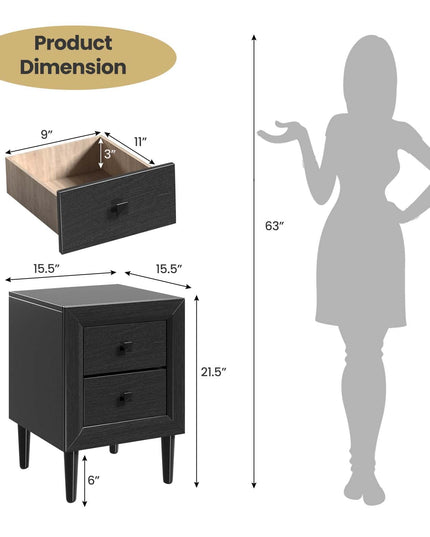 Nightstand Wooden W/Two Storage Drawers and Handles
