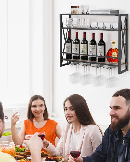 Giantex Industrial Wall-Mounted Wine Rack, 3 Tiers Metal Hanging Wine Shelf with Glass Holder