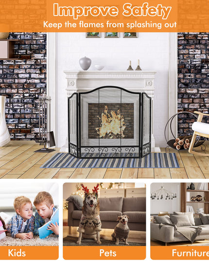 Giantex 3-Panel Folding Fireplace Screen Black - 50 x 31 Inch No Assembly Required Decorative Freestanding Steel Mesh Fire Screen
