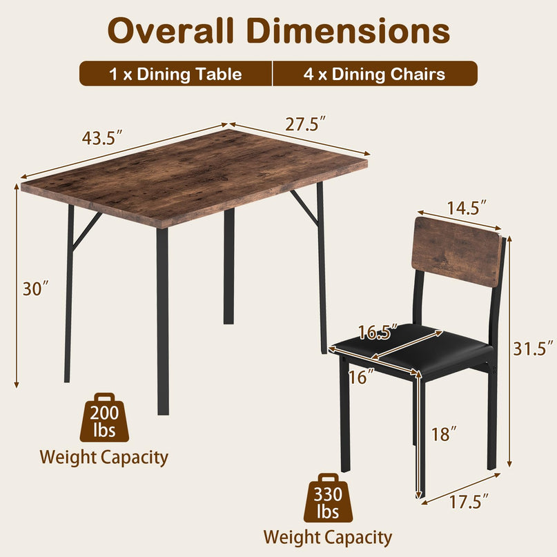 Giantex Industrial Kitchen Table and 4 PU Leather Upholstered Chairs with Metal Leg