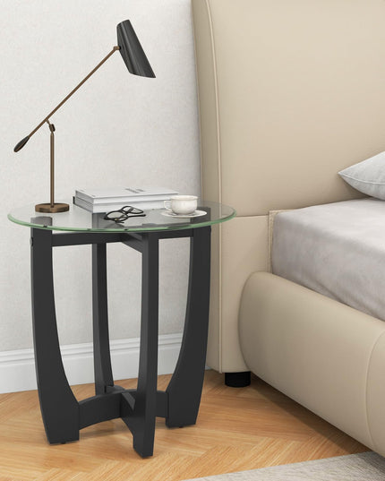 Giantex Glass End Table, Round Side Table with Rubber Wood Frame & Tempered Glass Top, 23.5" Small Black Coffee Table