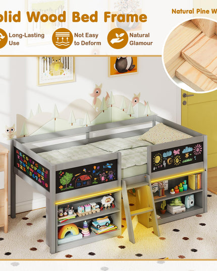 Giantex Low Loft Bed with LED Lights Wooden Twin Size Loft Bed（Twin with Light）