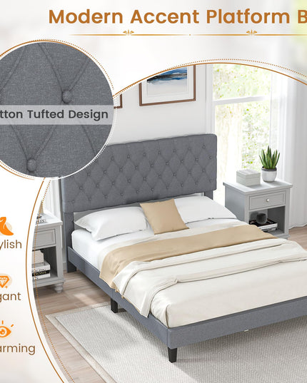 Giantex Queen Bed Frame, Upholstered Platform Bed with Button Tufted Headboard and Solid Wooden Slats Support