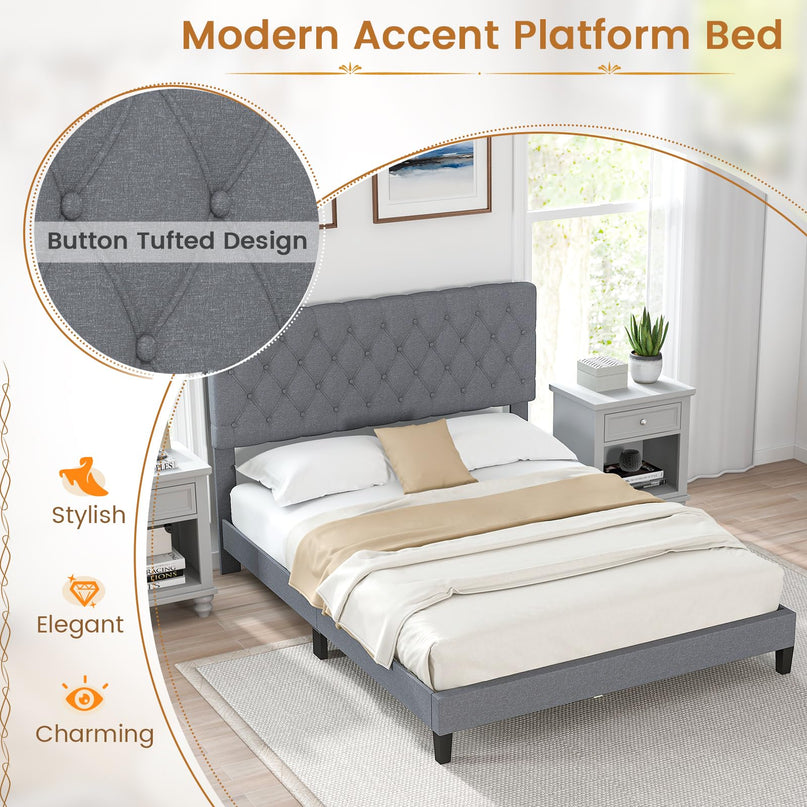 Giantex Queen Bed Frame, Upholstered Platform Bed with Button Tufted Headboard and Solid Wooden Slats Support