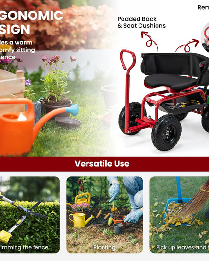 Giantex Rolling Garden Cart, 360 Swivel Workseat with 4 Wheels, Removal Cushion & Tool Tray, Storage Basket