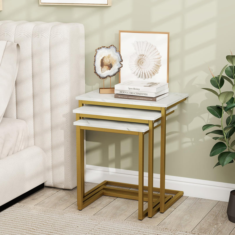 Giantex Nesting Coffee Table Set of 3 w/Faux Marble Tabletop & Heavy-Duty Metal Frame