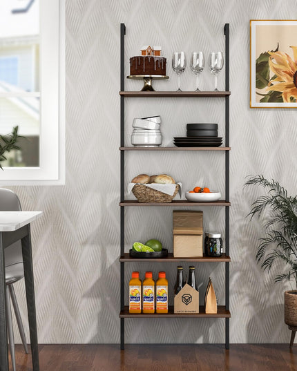 Giantex 5 Tier Modern Wall Mounted Bookshelf, 71'' White and Gold Wood Bookcase with Steel Frame