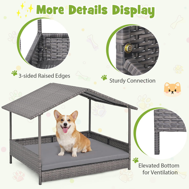 Giantex Outdoor Wicker Dog House with Washable Cushion