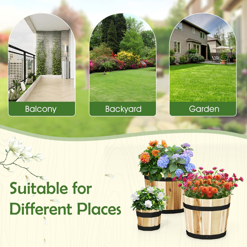 Giantex Set of 3 Barrel Planters Outdoor Acacia Wood Raised Garden Bed