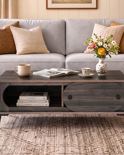 Giantex Mid Century Modern Coffee Table with Storage & Sliding Door