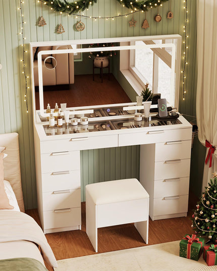 CHARMAID 56'' Vanity Desk with Lighted Mirror Glass Top Charging Station