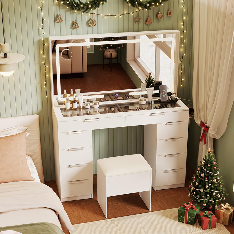 CHARMAID 56'' Vanity Desk with Lighted Mirror Glass Top Charging Station