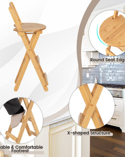 Folding Bamboo Bar Stools 24” Kitchen Counter Height Stool with Backrest & Footrest