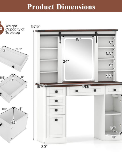 CHARMAID Farmhouse Vanity Table with Barn-Style Sliding Lighted Mirror