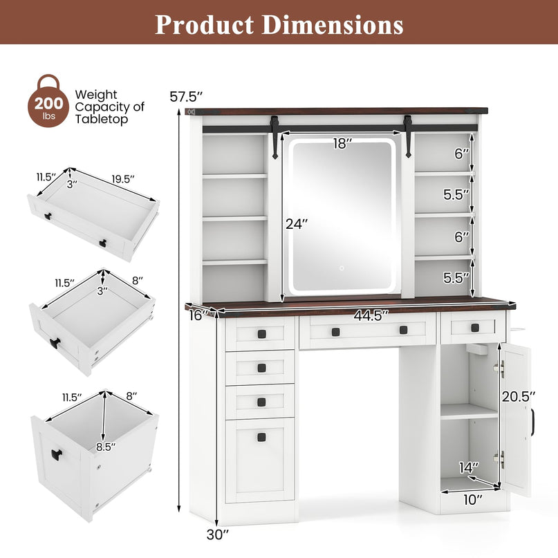 CHARMAID Farmhouse Vanity Table with Barn-Style Sliding Lighted Mirror
