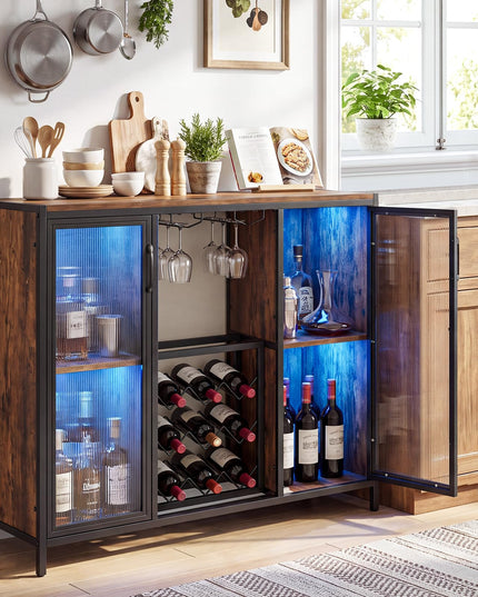 GIANTEX Modern Coffee Bar Cabinet with LED Lights & Wine Racks