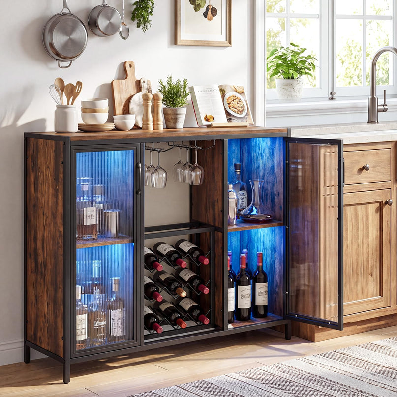 GIANTEX Modern Coffee Bar Cabinet with LED Lights & Wine Racks