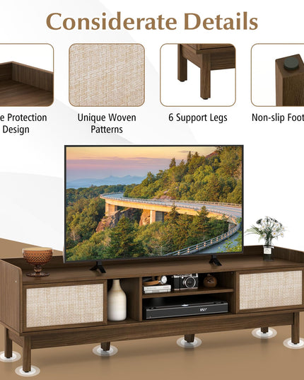 Giantex TV Stand for 65” TV, Entertainment Center with Woven Doors, Sliding Door, Adjustable Shelf & Compartment