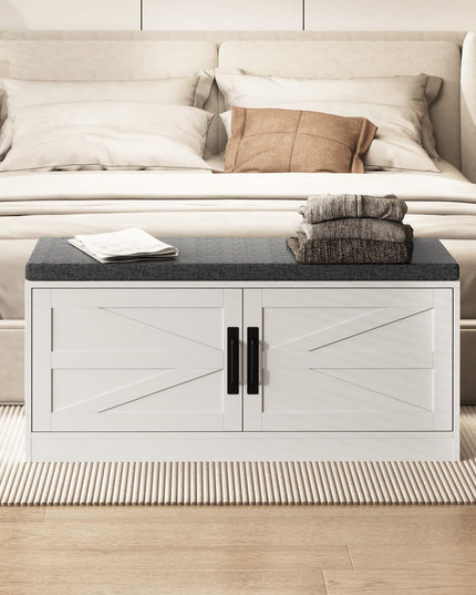 Giantex Shoe Storage Bench with Cushion, 2-Tier Entryway Bench w/2 Barn Doors & 2 Adjustable Shelves