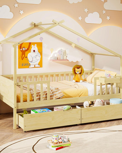 Giantex Montessori  Wooden Twin Bed Frame with Cube Storage & Fence Rails