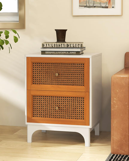 Giantex Rattan Nightstand with Drawers, Natural Rattan End Table, Cane Accent Bedside Table with Solid Wood Legs for Bedroom