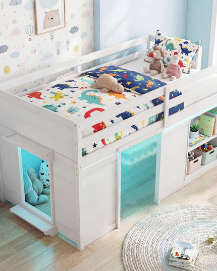 Giantex Loft Bed Twin Size with LED Lights with Under-Bed Play Space & Storage Bookcase