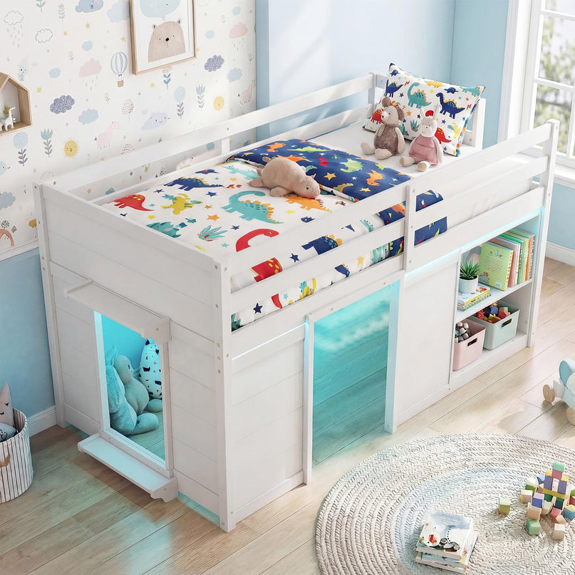 Giantex Loft Bed Twin Size with LED Lights with Under-Bed Play Space & Storage Bookcase