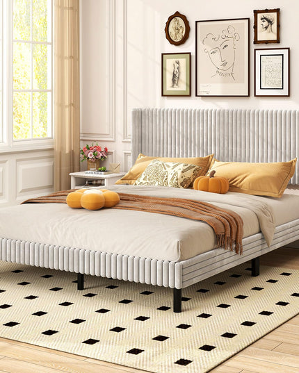 Giantex Queen Velvet Bed Frame with Vertical Tufted Wingback Headboard