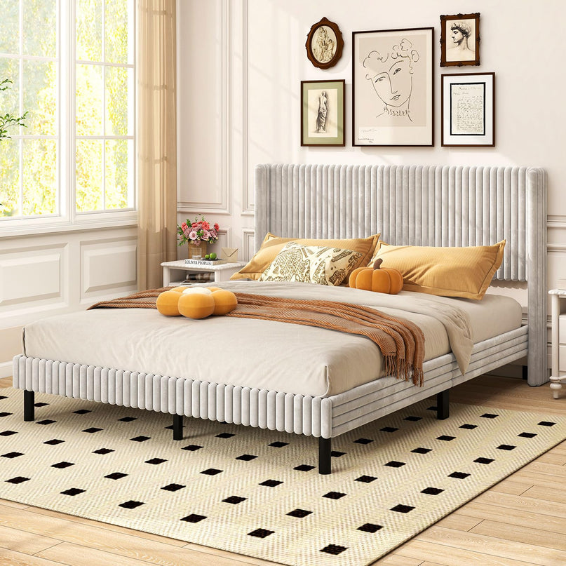 Giantex Queen Velvet Bed Frame with Vertical Tufted Wingback Headboard