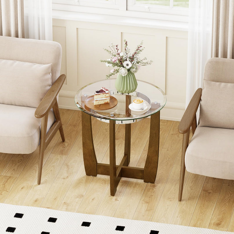 Giantex Round Glass End Table - 24’’ Side Table with Tempered Glass Top