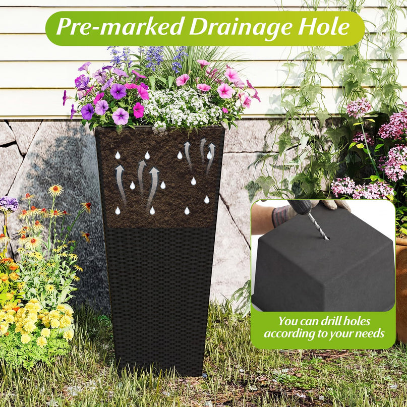 Giantex Lot de 3 jardinières hautes | Jardinières coniques en rotin de 76,2 cm, 55,9 cm et 47 cm de haut avec bacs intérieurs amovibles