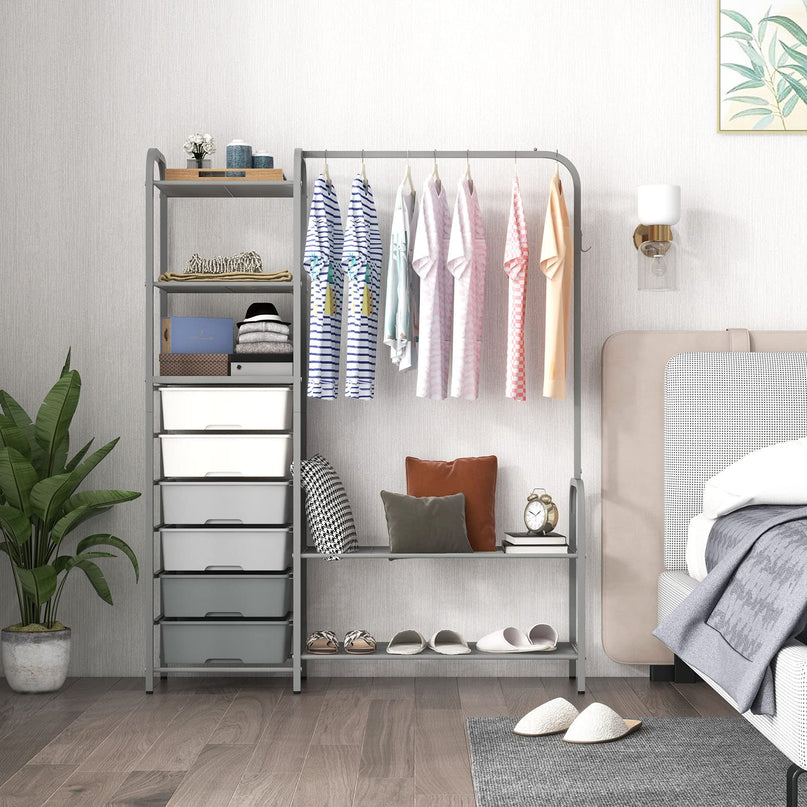 Giantex Free Standing Closet Organizer, Heavy Duty Garment Rack with 6 Removable Drawers (Grey)