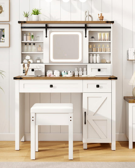 CHARMAID Farmhouse Vanity Desk with Barn-Style Sliding Mirror, Lights & Stool (42" Wide,White & Brown)