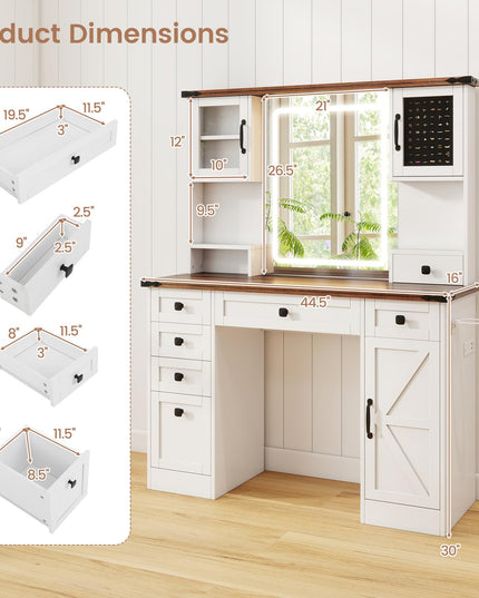 CHARMAID Vanity Desk with Mirror and Lights, Farmhouse Makeup Vanity Desk with 7 Drawers, 45" White Vanity Dressing Table for Bedroom