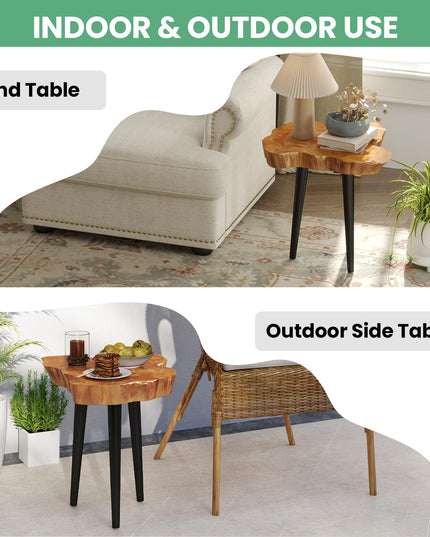 Giantex Teak Wood Outdoor Side Table - 18” End Table with Solid Live Edge, Irregular Tabletop, Mahogany Tapered Legs