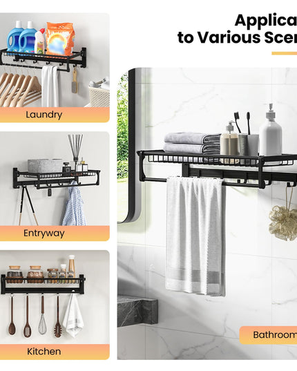 Giantex Foldable Towel Rack for Bathroom, Wall Mounted Towel Holder Organizer w/ 1 Basket, 1 Towel Bar & 5 Sliding Hooks