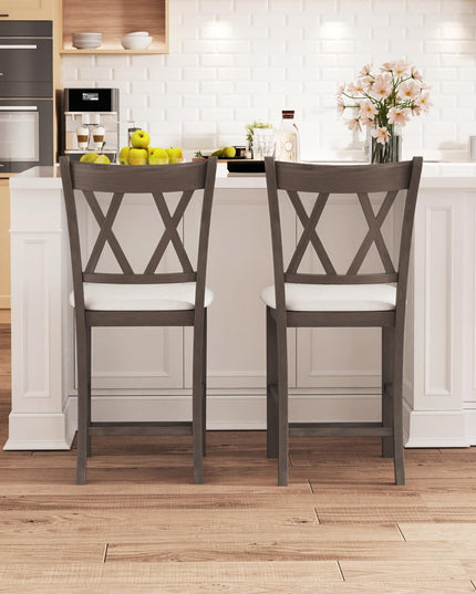 Giantex Wood Bar Stools Set of 2/4, 24" Counter Height Bar Stools w/Cross Back & Linen Fabric Upholstered Seat