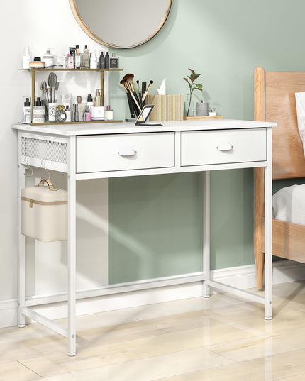 Giantex Small Computer Desk with Fabric Drawers, 36 Inch Home Office Desk with 4 Hanging Hooks & Metal Frame