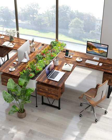Giantex L Shaped Desk with Drawers, 59” Large Computer Desk with Power Outlet
