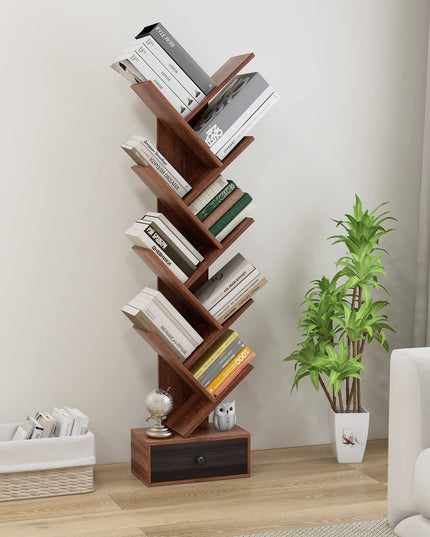 10-Tier Tree Bookshelf with Drawer, Brown - Giantex