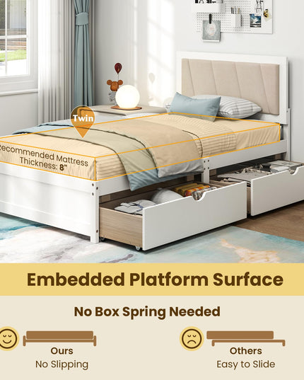 Giantex Wood Twin Bed with 2 Storage Drawers, Solid Wood Platform Bed with Upholstered Headboard