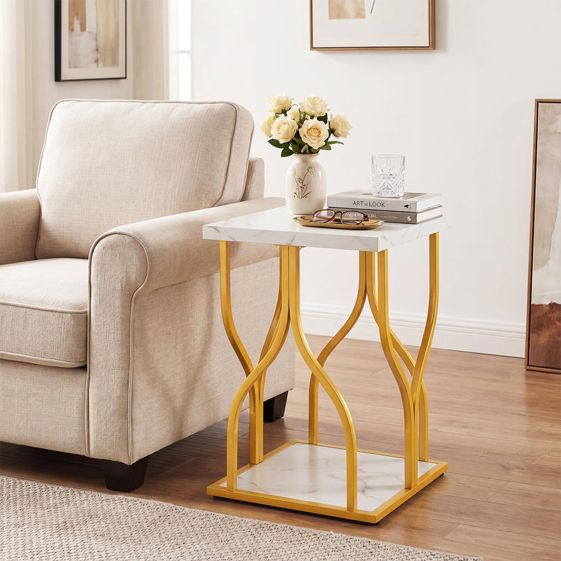 Giantex 2-Tier End Table with Storage Shelf & Gold Petal-Inspired Geometric Metal Frame