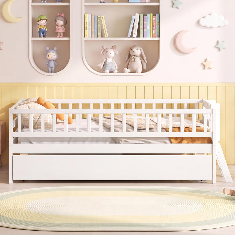 GIANTEX Trundle Bed Twin Size with Bookshelf 2-Step Ladder for Kids