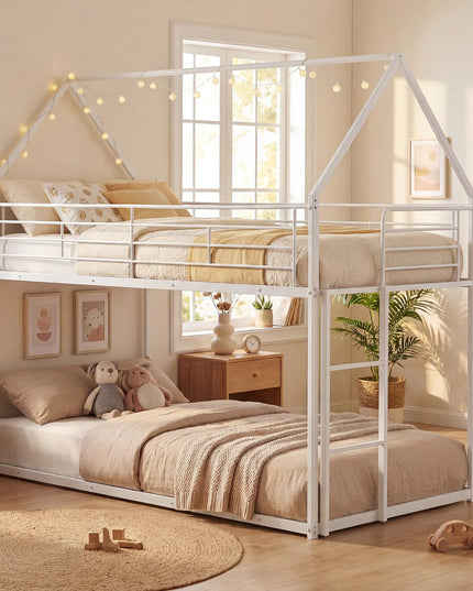 Giantex House-Shaped Twin Over Twin Metal Bunk Bed with Safety Guardrail & Roof