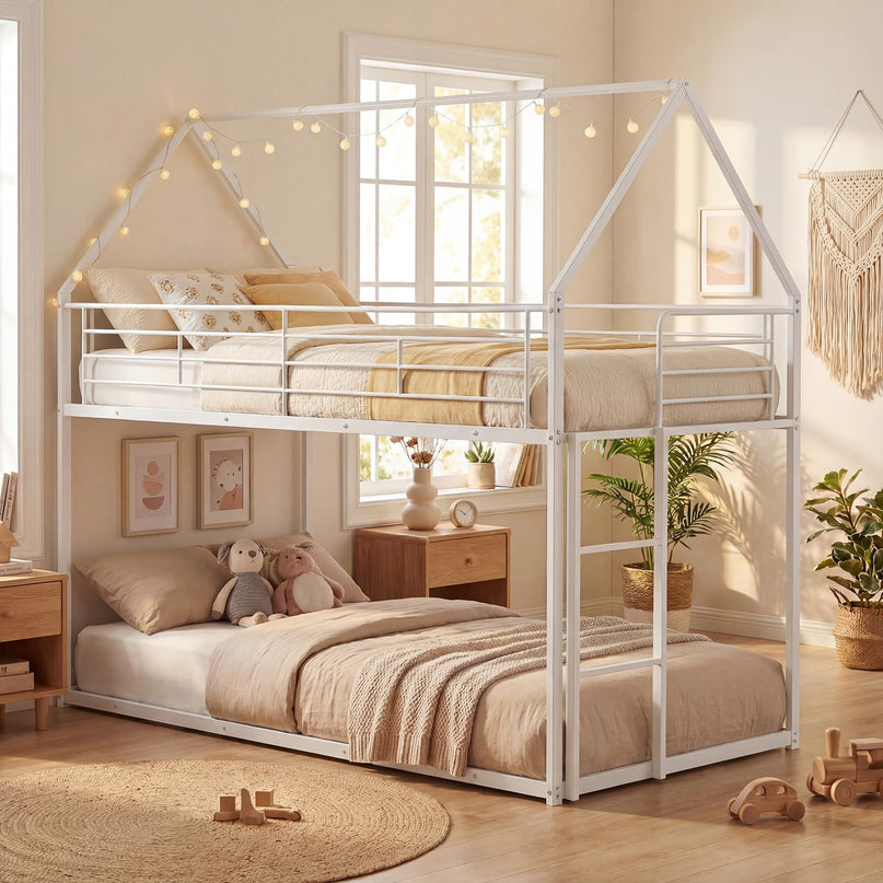 Giantex House-Shaped Twin Over Twin Metal Bunk Bed with Safety Guardrail & Roof