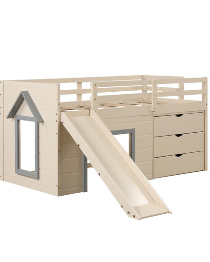Giantex Twin Low Loft Bed with Slide, Solid Wood Twin Loft Bed with Ladder