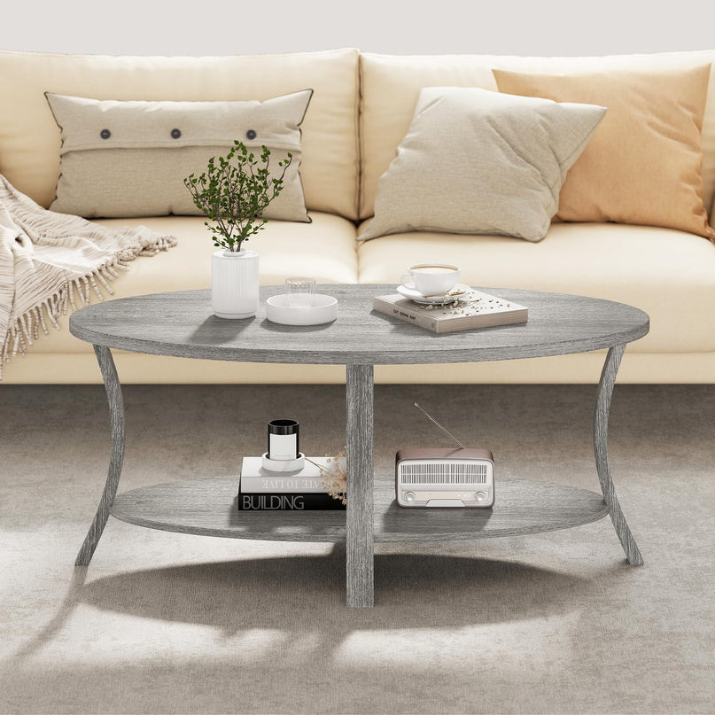Giantex 44 Inch Oval Coffee Table with Storage Shelf & Rubber Wood Frame